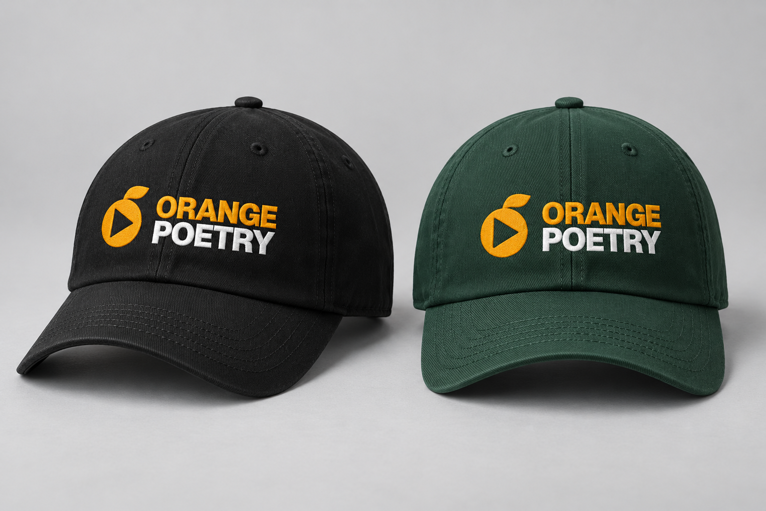 Black and forest-green caps with an embroidered Orange Poetry logo