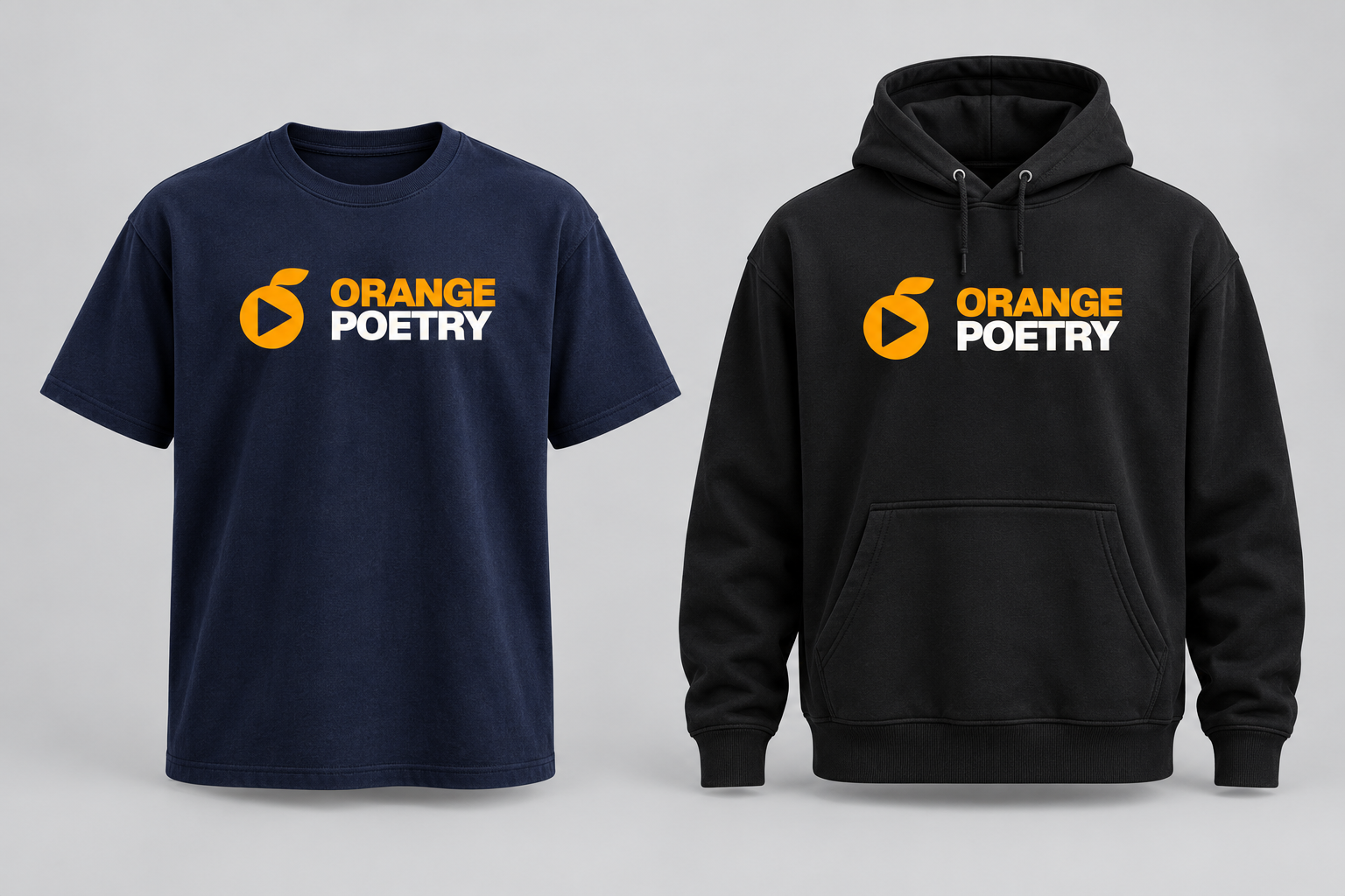 Midnight-navy tee and black hoodie with the Orange Poetry artwork