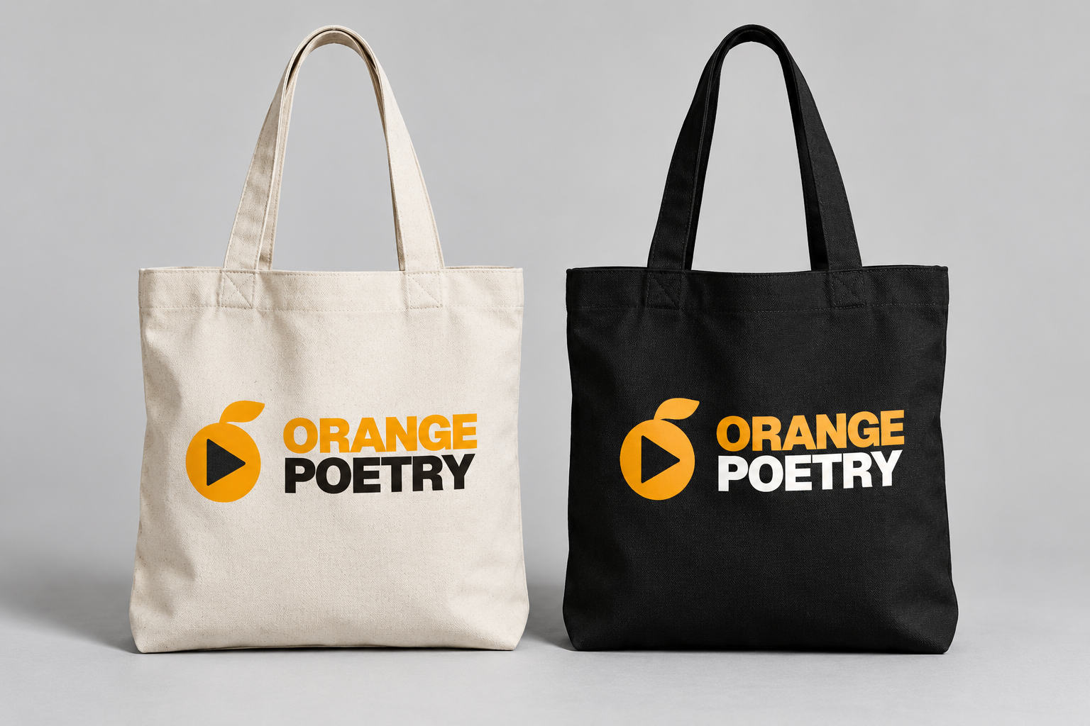 Natural and black tote bags with the Orange Poetry logo